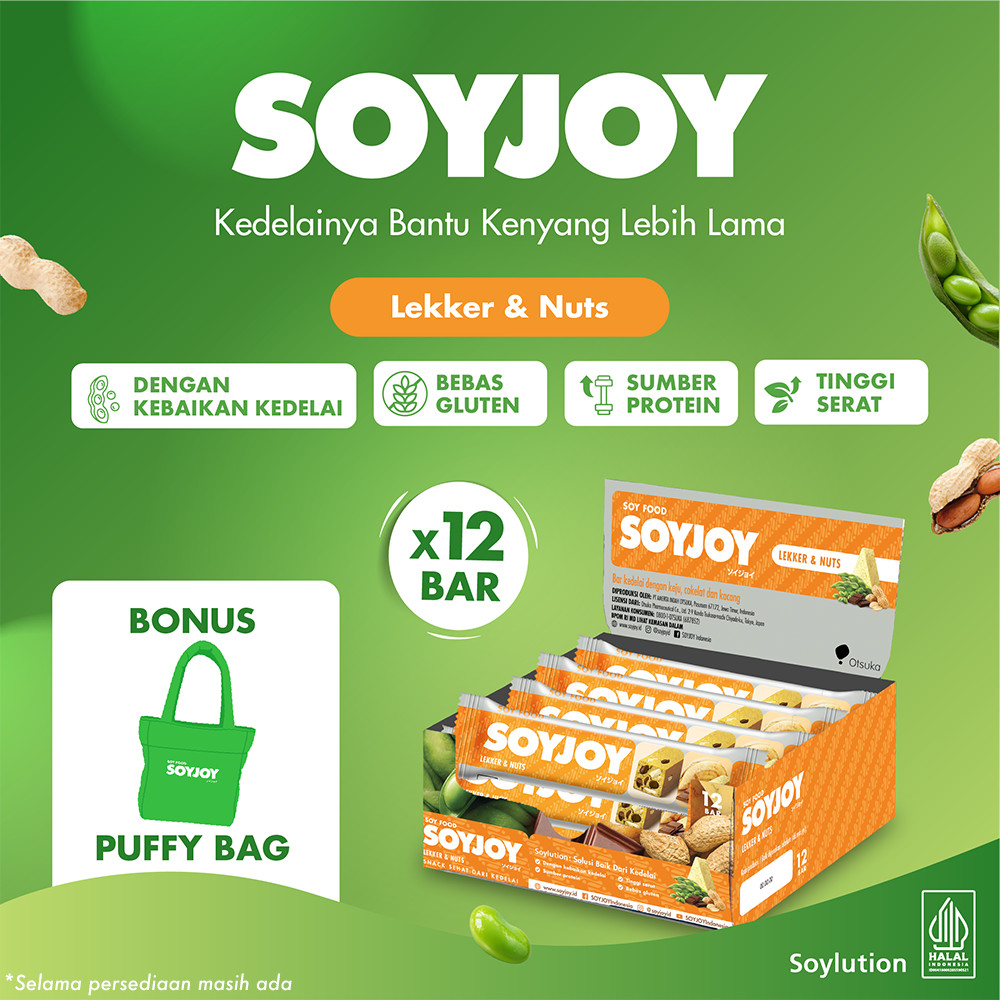 SOYJOY Snack Bar Kedelai Lekker & Nuts 12 Bar - BONUS SOYJOY Puffy Bag