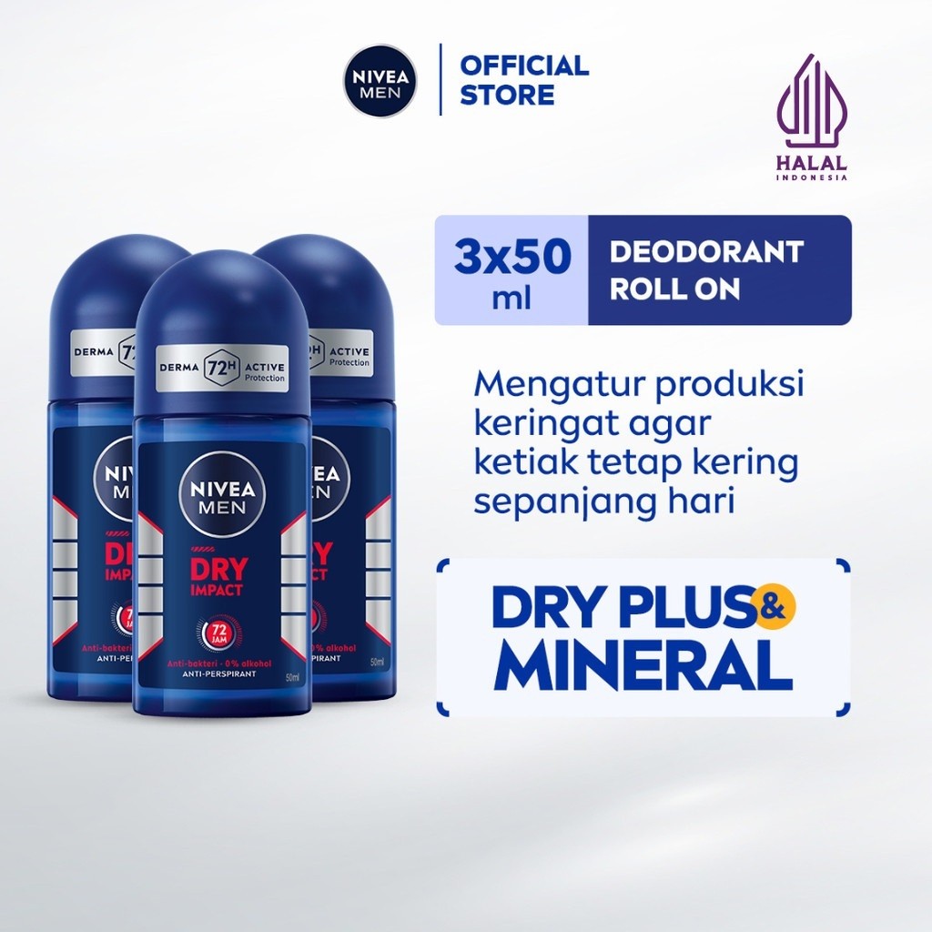 (PAKET HEMAT ISI 3) NIVEA MEN Deodorant Roll On Dry Impact 50ml - Deodoran pria anti bakteri antiper
