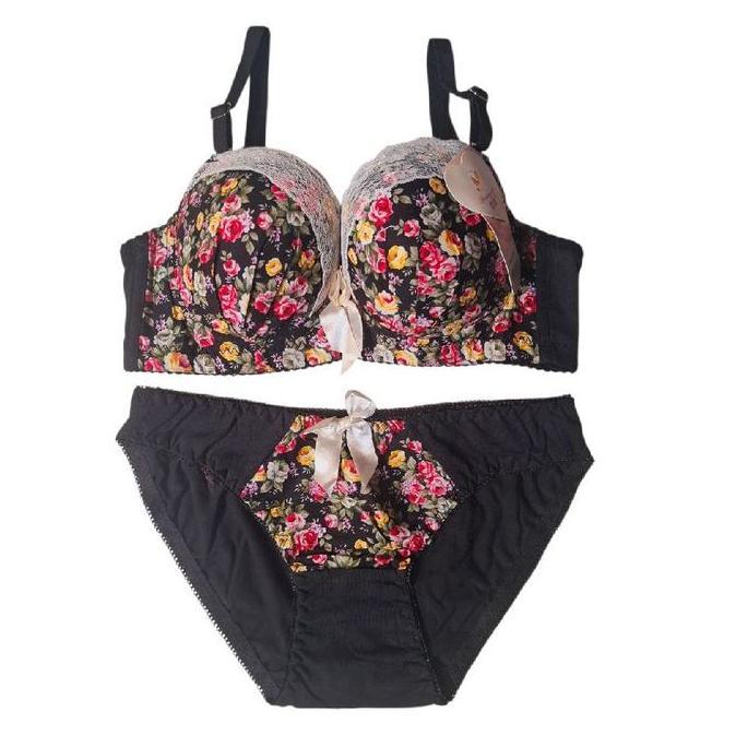 Murah Bra Set bh + Cd Setelan import wanita motif bunga bunga Non COD