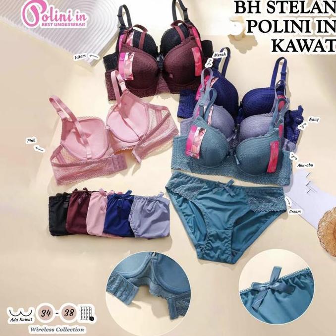 Murah POLINI Set Bh Dan Celana Dalam Setelan Bra Cd Renda Busa Tebal Kawat Cup Kecil Premium Non COD