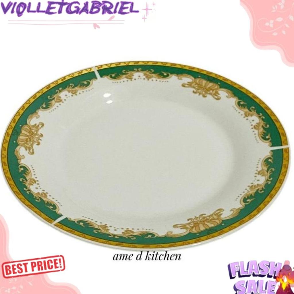 Premium Piring Ceper Keramik 10.5" Bulat Mahkota Hijau Winston
