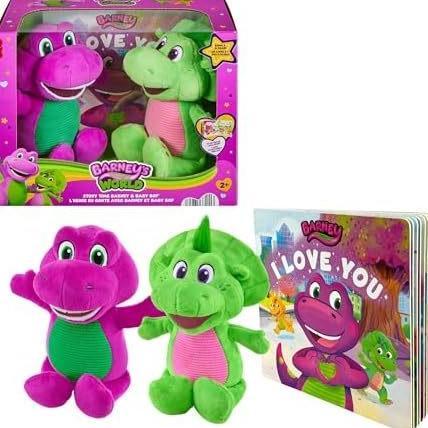 BEST SELLER Fisher-Price Barneys World Toddler Toys, 9 inch Barney & Baby Bop plushes with Story Boo