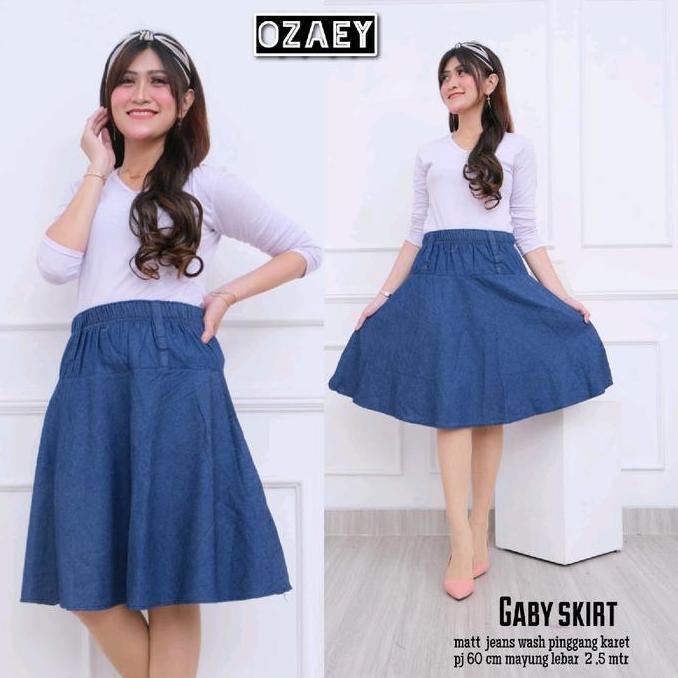rok payung pendek polos kain denim Wanita Dewasa Casual