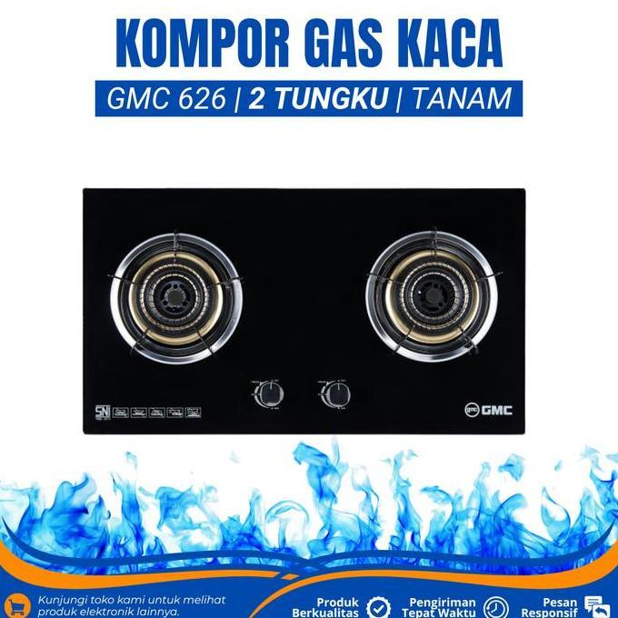 Kompor Gas 2 Tungku Kaca Gmc 626 Kompor Gas Panel Kaca Tempered Glass Kompor Gas Tanam 2 Tungku