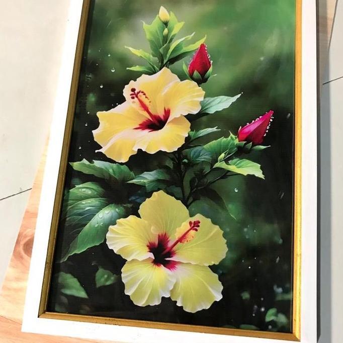 Hiasan dinding lukisan cetak gambar bunga sepatu plus bingkai Gold Gantungan Paku
