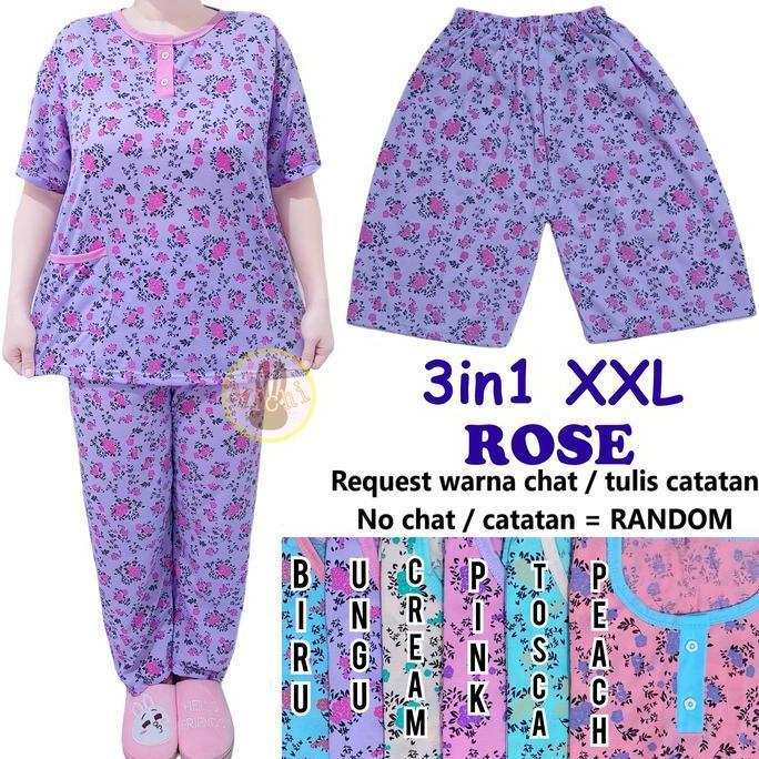Promo Set Baju Tidur Jumbo 3 in 1 XXL Wanita Dewasa Kaos Dapat Satu Baju Dua Celana piyama Setelan P