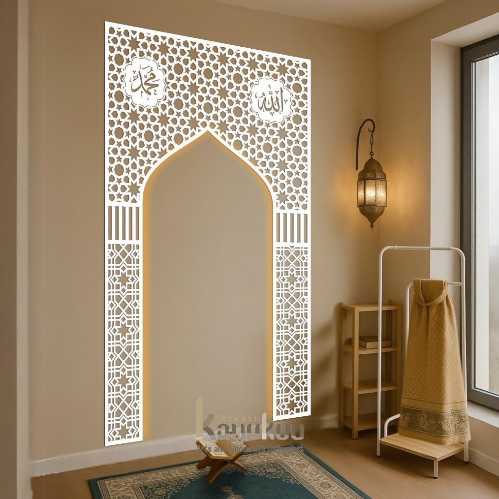 Kreasikayukuu Mihrab Mushola 2 Ornamen Allah Muhammad Hiasan Dinding Mushola Walldecor Plywood 3mm