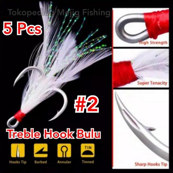 Treble Hook Bulu No.2 untuk Spoon lure 30gr 40gr Jig 40gr 60gr