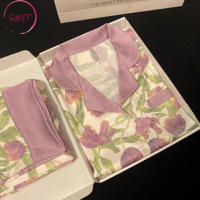 Promo QHST Piyama Set Wanita Gaya Cina Satin Tulip ungu |  Lengan Panjang Celana Panjang | Baju Tidu