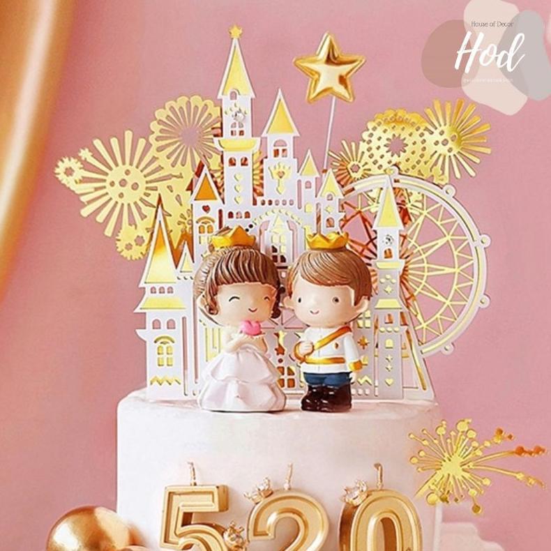 Cuci Gudang Topper Akrilik Castle Firework Ferris Wheel White Gold Kembang Api Bianglala Kastil Ista