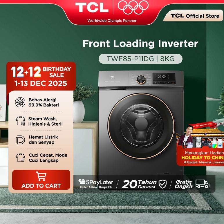 febylaran - tcl mesin cuci front loading inverter 8kg twf85-p11dg steam wash quick wash