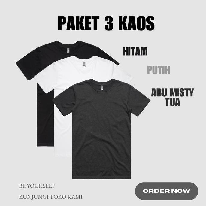 Bara_Vans - Paket 3 Kaos Polos Pria 3S | Kaos Distro Polos Putih, Hitam, Abu Misty Tua