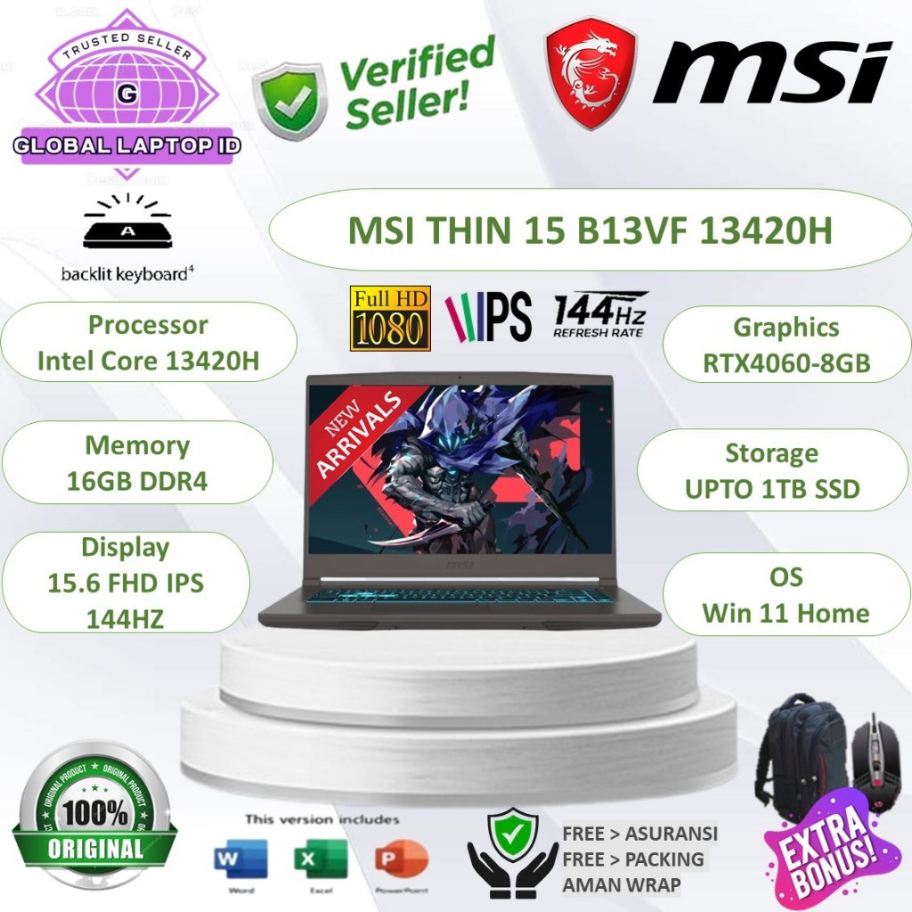 Promo Laptop Gaming MSI THIN 15 Intel i5 13420H RTX3050 | | RTX4050 | RTX4060 RAM 32GB FHD 144HZ W11