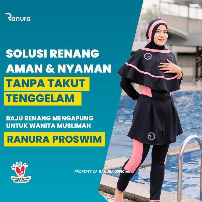 Promo Baju Renang Pelampung Wanita Muslimah Ranura Proswim Hijab Dewasa Panjang Syari Black Pink Bus