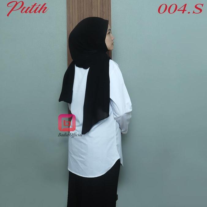 Promo Kemeja Tunik Putih Tanpa Kerah Saku Kantong Depan Polos Wanita Shanghai Panjang Jumbo Premium 