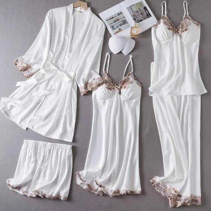 Piyama Set Baju Tidur BS-7799 Kimono 5 in1 Wanita Sexy Baju Rumah Sleepwear Satin Premium Black Miau