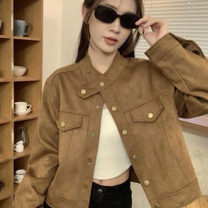 Jaket/ Blazer Basic Bahan Suede Berkualitas Model Trending Jaket Coklat Muda Stylish Korea Baru M657