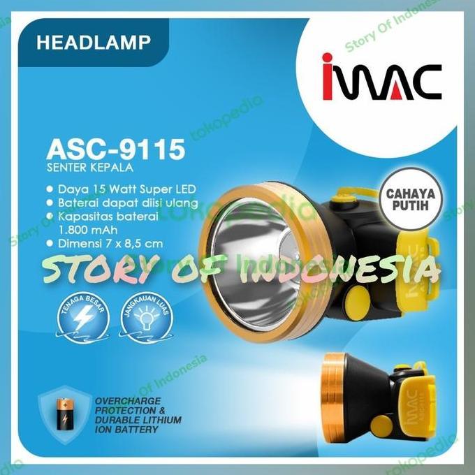 Spesial Senter Kepala 15Watt Emergency / Darurat Imac Asc-9115 Warna Putih 15W