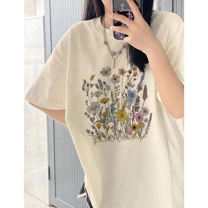 Grosir Kaos Wanita Oversize | Korean Style Lengan Pendek Oversize Blooming Flowers Style Baju Atasan