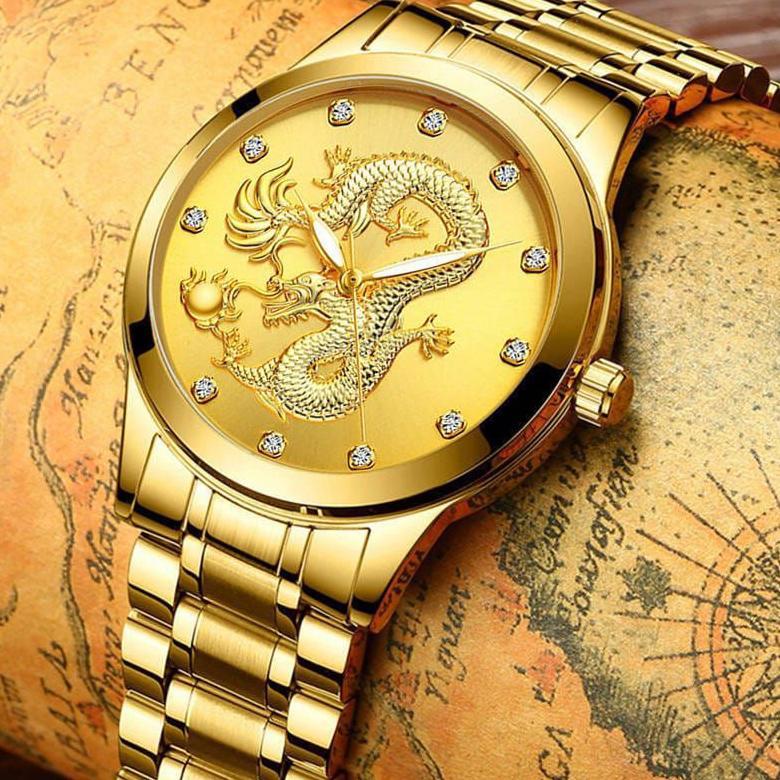 pengiriman cepat Jam tangan pria motif naga dragon rantai stainless