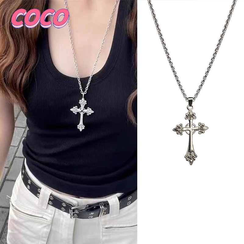 Kalung Salib Mawar Kalung Ukiran Salib Perak Besar Korea Yang Dipersonalisasi Kalung Panjang