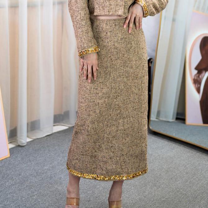 FOLADY - P203 One Set Wanita Import Atasan Blazer Lengan Panjang Full Kancing Gold Mewah Elegant Dan