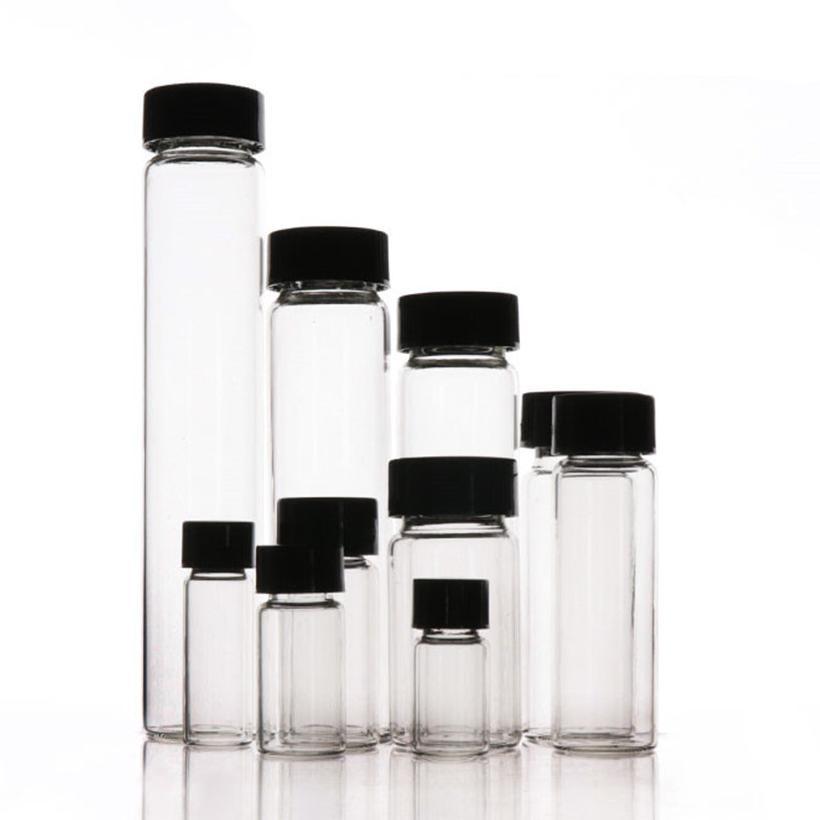 best deals hot sale 5pcs botol kaca clear kecil 10 ml/20 ml/50 ml tutup ulir hitam botol kaca bening