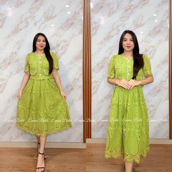 Emma.Butik E00560 Setelan Brokat Rok Midi Wanita Pesta Lengan Pendek Wisuda Remaja Atasan Baju Crop