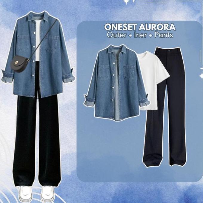 One Set Aurora Korea Style | Celana Kulot Loose Pants Wanita Warna Hitam | Kaos Polos Warna Putih | 