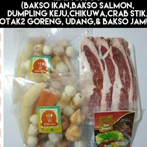 SUKI SET LENGKAP 1 kg suki 500gr daging & bumbu sop isi 58 biji bakso ikan salmon dumpling chikuwa o