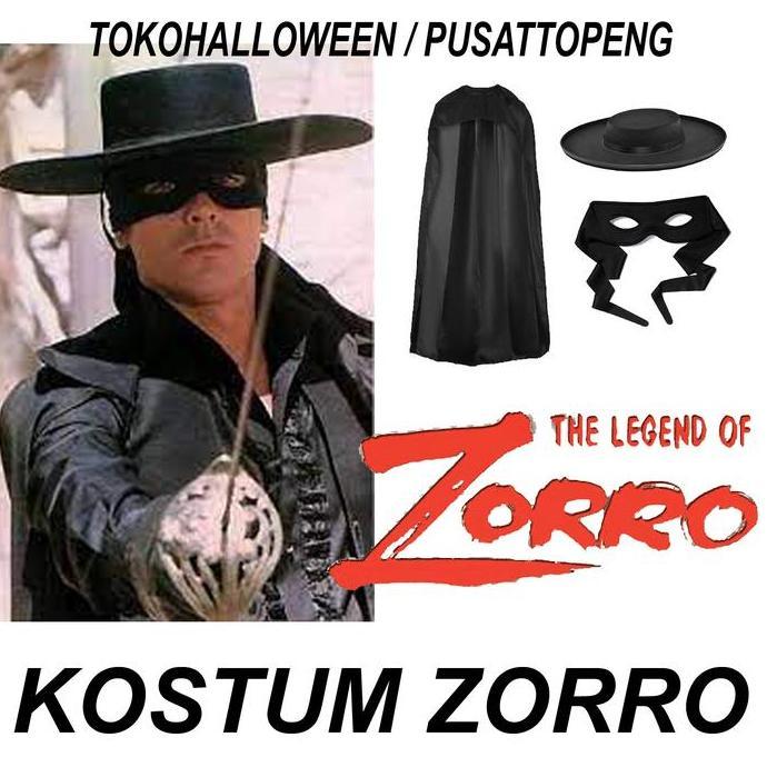 KOSTUM ZORRO SATU SET JUBAH TOPI TOPENG