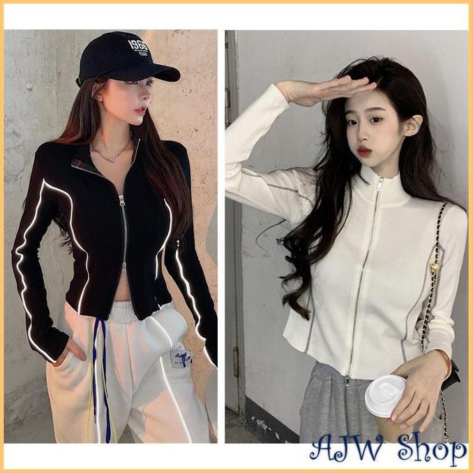 Outfitkekinian- Ajw [Wbh] Jaket Vintage Zipper Knit Premium | Atasan Wanita Monochrome Resleting Jak