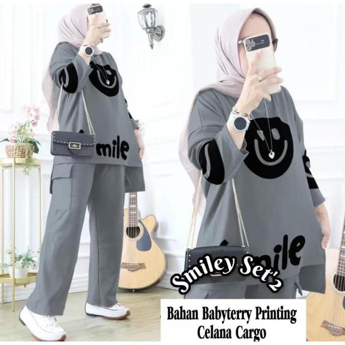 KAMANADITA6 - BEFA SMILE SET CELANA CARGO BABYTERRY PRINTING KOMBINASI POLOS FASHION SET WANITA