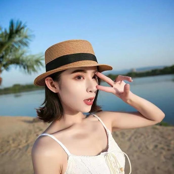 Bisainstan- Topi Jerami Wanita Bulat Musim Panas Anti Uv Gaya Korea - Hat Summer Women Import Topi R