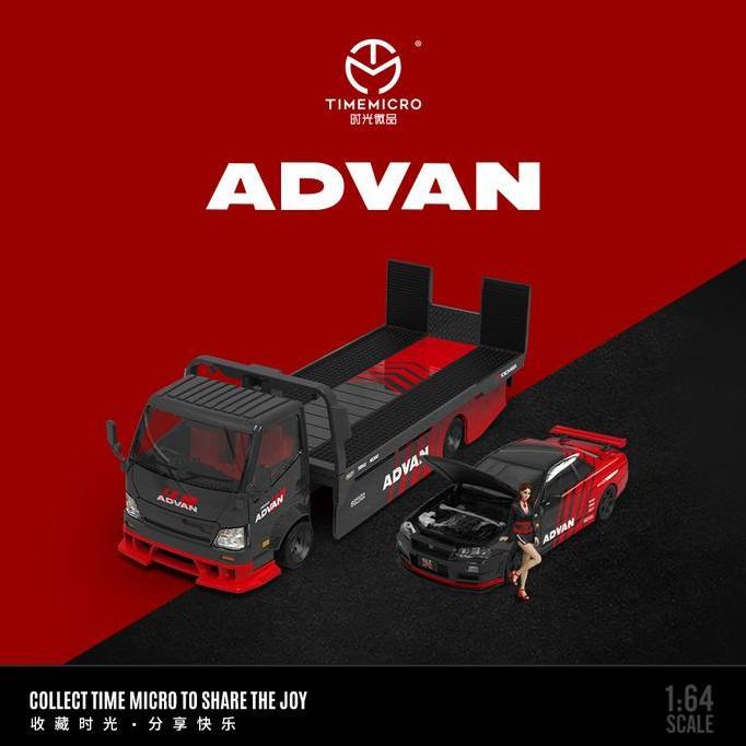 Time Micro 1:64 Hino H300 Flatbed Transport Trailer + Nissan Skyline Gt-R R34 Advan With Figure Set 