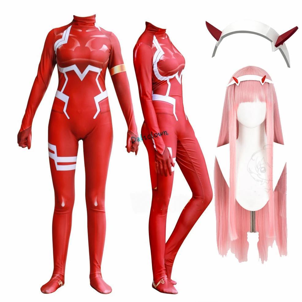Anime Zero Two Cosplay Costume For Women Halloween Costume Wig 3D Printing Bodysuit Zentai Suit