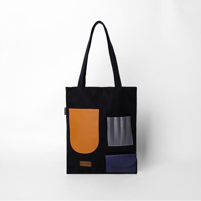 New- Pamole - Tote Bag Kanvas Penutup Resleting Kombinasi Saku Kulit - Litten Series  Totebag Tote  