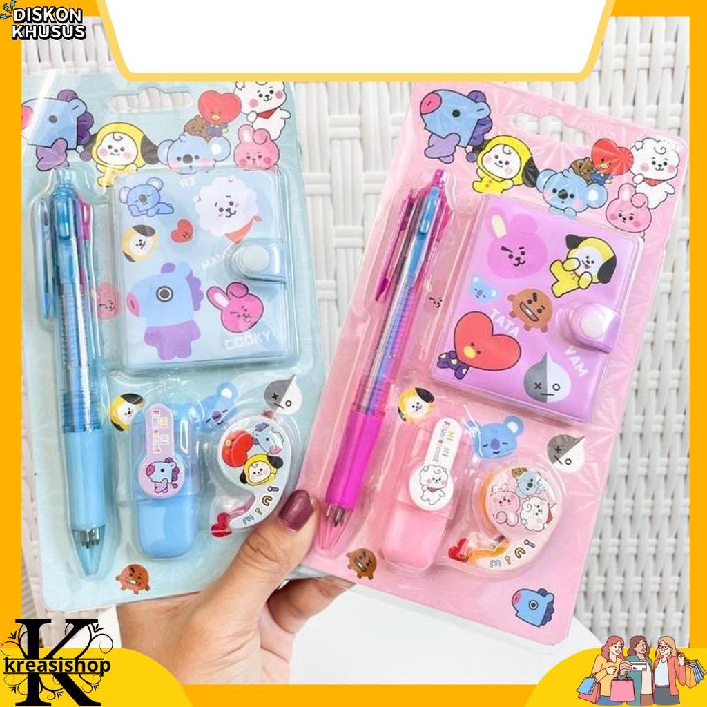 1 Set Alat Tulis 4in1 Buku Pulpen Highlighter Tape BTS Notebook BT21 Murah New