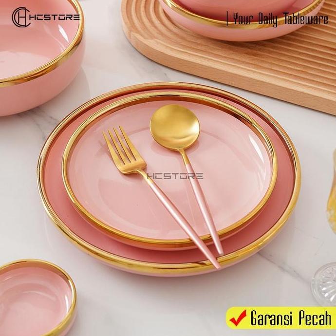 Promo !!! Md[] Piring Makan Keramik Pink Gold Piring Pink Keramik Piring Saji