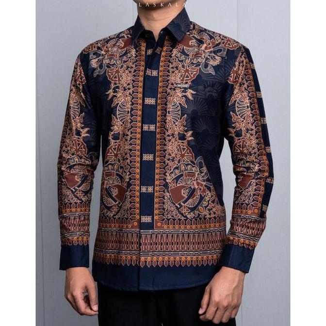 Laskala Batik Premium Betawi Navy Kemeja Batik Pria Slimfit Lengan Panjang