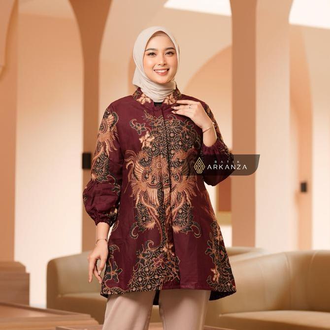 BATIK ARKANZA Baju Tunik Motif Nareswara Burgundy Wanita Premium Katun