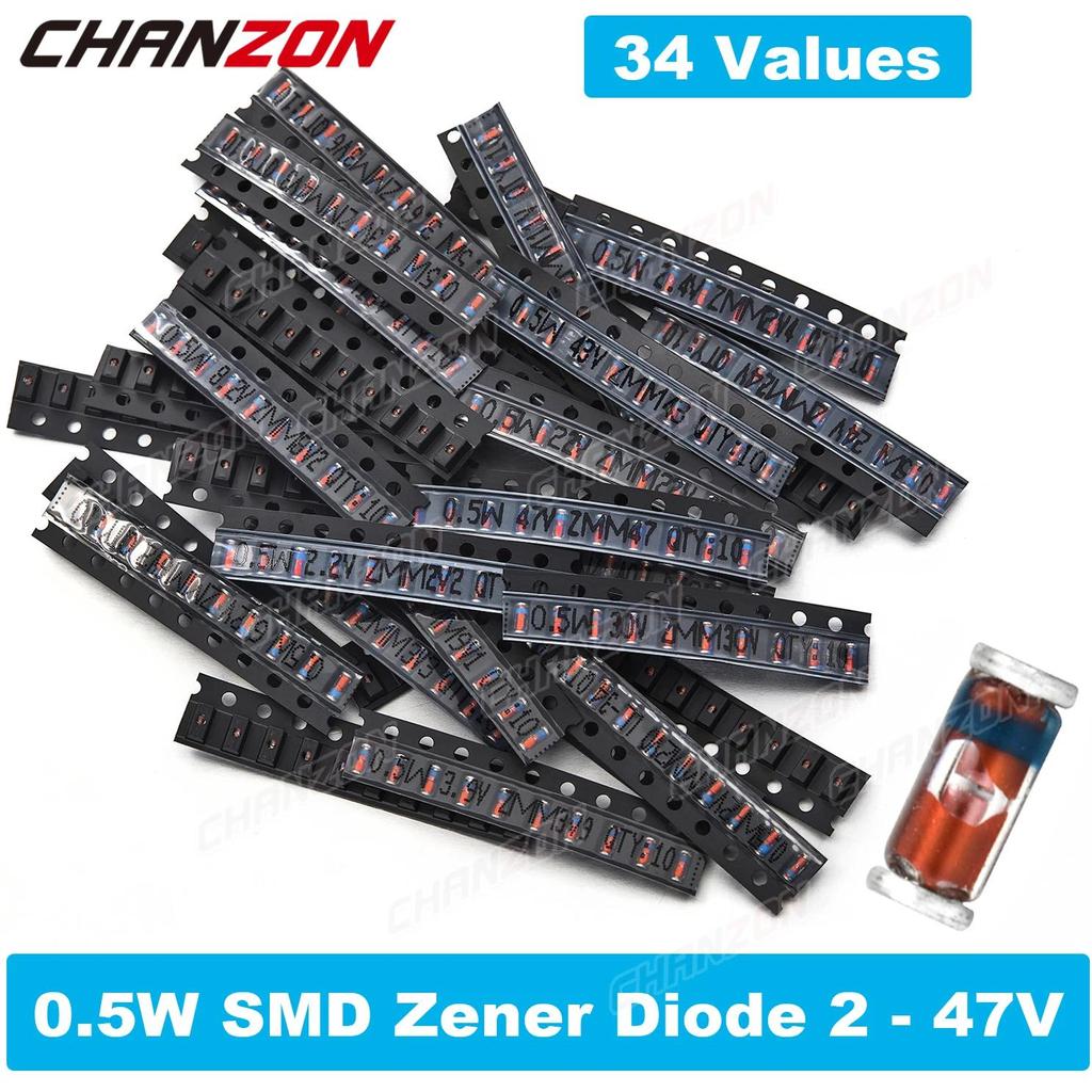 34 Values 0.5W SMD Zener Diode Assorted Kit 2V 3V 3.3V 3.6V 5.1V 5.6V 7.5V 10V 12V 13V 15V 16V 18V 2