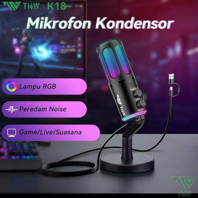 QWEENSATRU - TNW K18 USB TYPE-C CONDENSER MICROPHONE RGB DYNAMIC UNTUK PC LAPTOP LIVE STREAMING GAMI