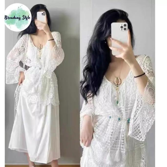 Outer Tribal Ethnic Bohemian Crochet Rajut Sulam Baju Luaran Wanita Lengan Panjang Crop Top Bali Pan