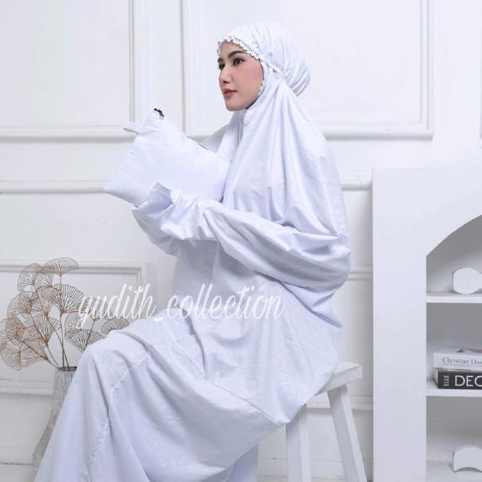 YUDITH - Mukena Terusan Dewasa Katun Embos Motif Bunga Free Tas Kain Lembut Putih Renda