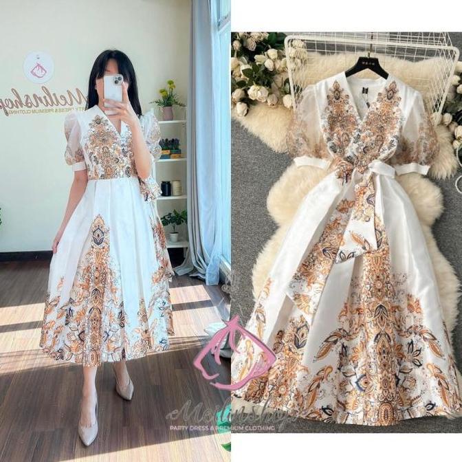 Amy Elegance Satin Midi Dress Putih/Hitam Party dress / gereja natal/ kondangan/ dress remaja