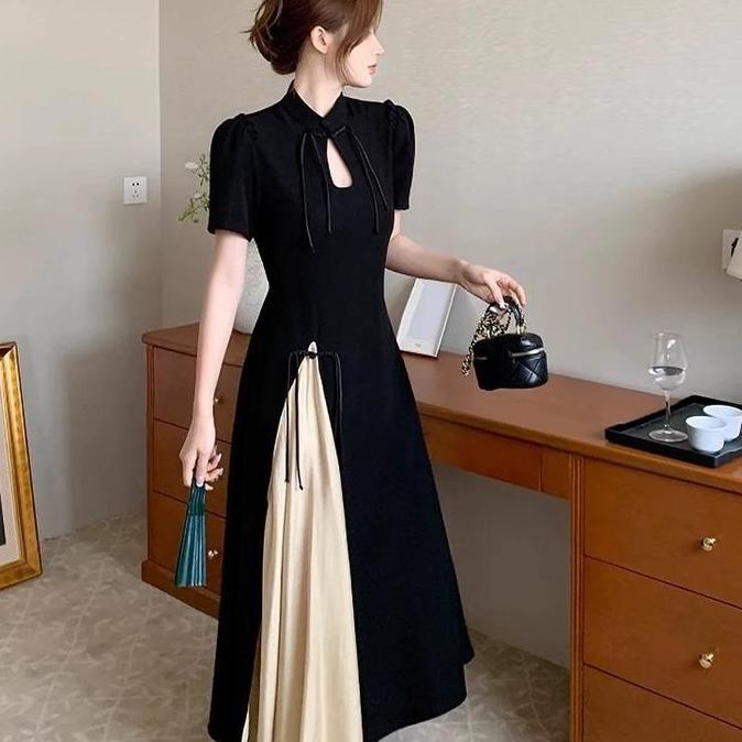 89SO - 100 ( M-4XL ) - Dress Hitam Wanita Ala Cheongsam Warna Kombinasi