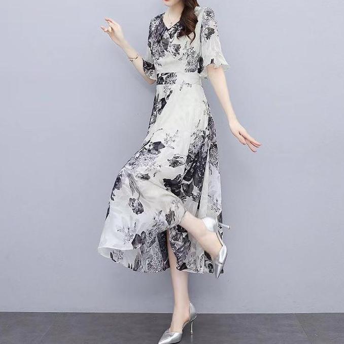 Midi Dress Gaun Sifon Jacquard Tinggi Korea Slim Casual Floral Bahan