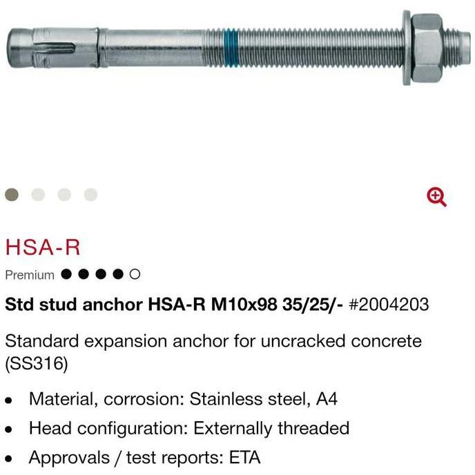 Hilti Dynabolt Trubolt Anchor Angkur Hsa-R M10 X 98Mm Stainless 316