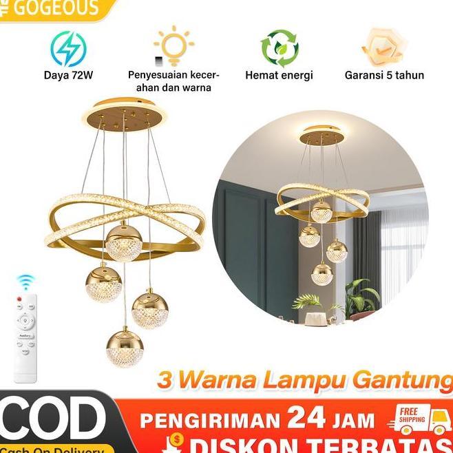 Lampu Gantung Kristal Minimalis 3Warna 72W Kontrol Dapat Disesuaikan Lampu Gantung Ruang Tamu Hias 1